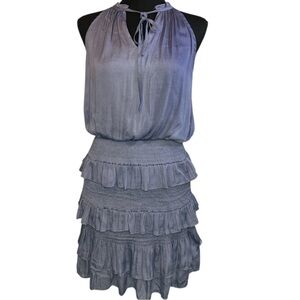 DO+BE Fun Blue Spaghetti Strap Halter V-Neck Cinched Ruffle Dress Sz Sm